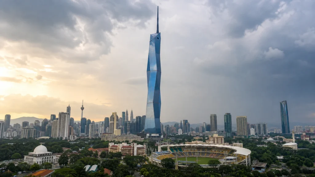 Ilustrační panorama Kuala Lumpuru s krystalickou věží Merdeka 118 a stadionem v popředí