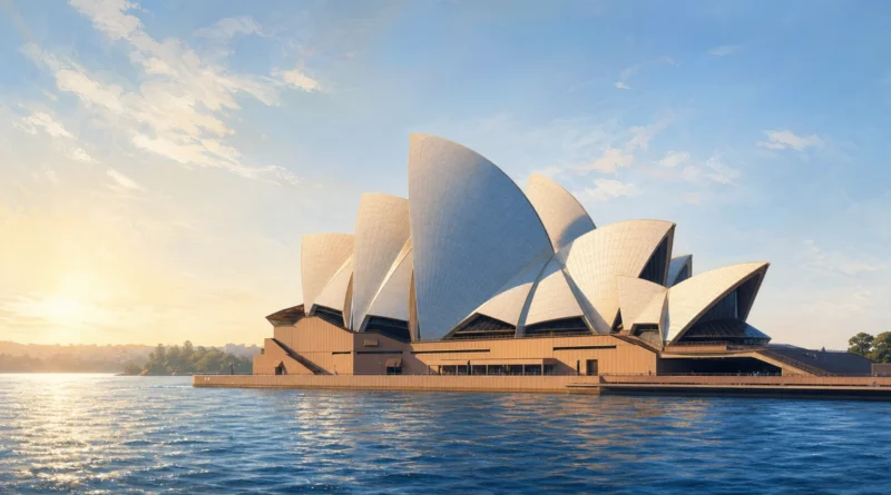 Ilustrační pohled přes přístav na bílé skořepiny Sydney Opera House