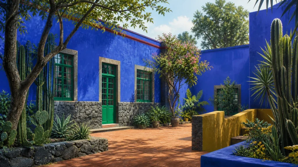 Ilustrační nádvoří Casa Azul s kobaltově modrými stěnami, zelenými okny, kamenem a mexickou zahradou