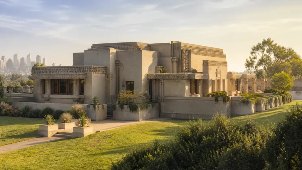 Původní redakční ilustrace Hollyhock House na Olive Hill v Los Angeles