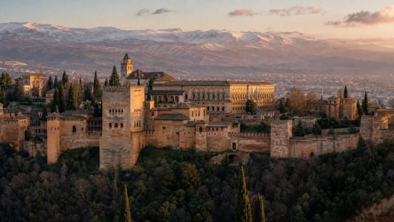 Původní redakční ilustrace opevněného komplexu Alhambra nad Granadou