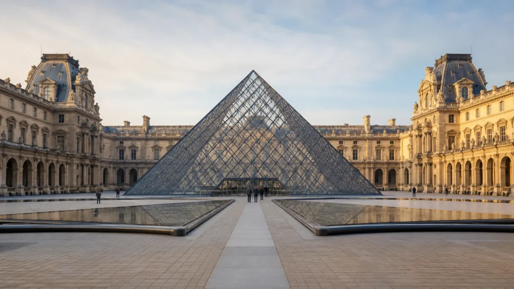 Původní redakční ilustrace skleněné pyramidy v nádvoří Louvru v Paříži