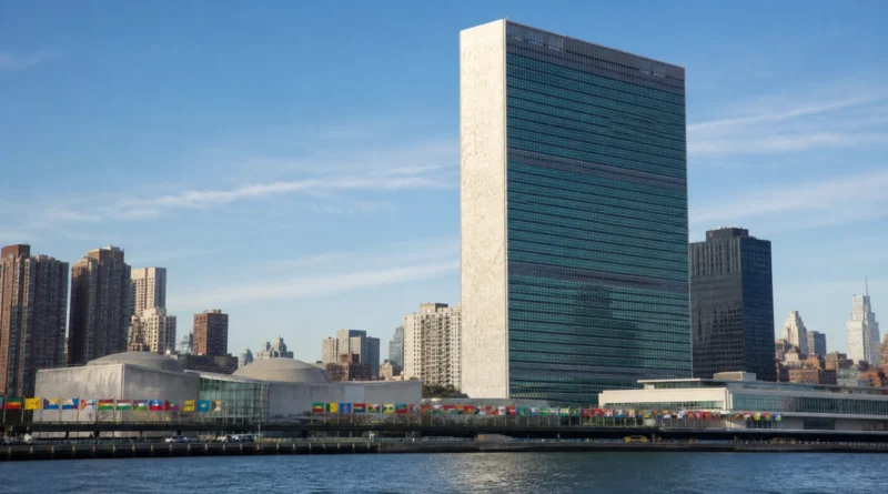Původní redakční ilustrace skleněné desky sekretariátu OSN u East River v New Yorku