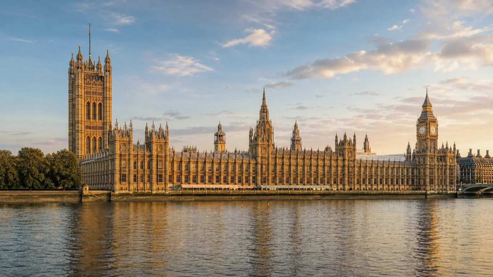 Původní redakční ilustrace Westminsterského paláce od řeky Temže