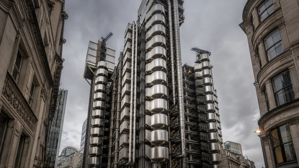 Původní redakční ilustrace technických věží a potrubí Lloyd’s Building v londýnské City