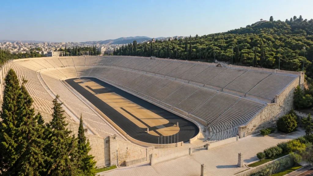 Původní redakční ilustrace mramorových tribun Panathénského stadionu v Athénách