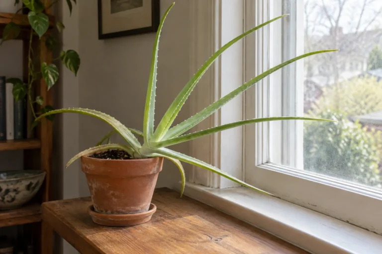 Aloe vera s protáhlými listy u okna – AI ilustrace.