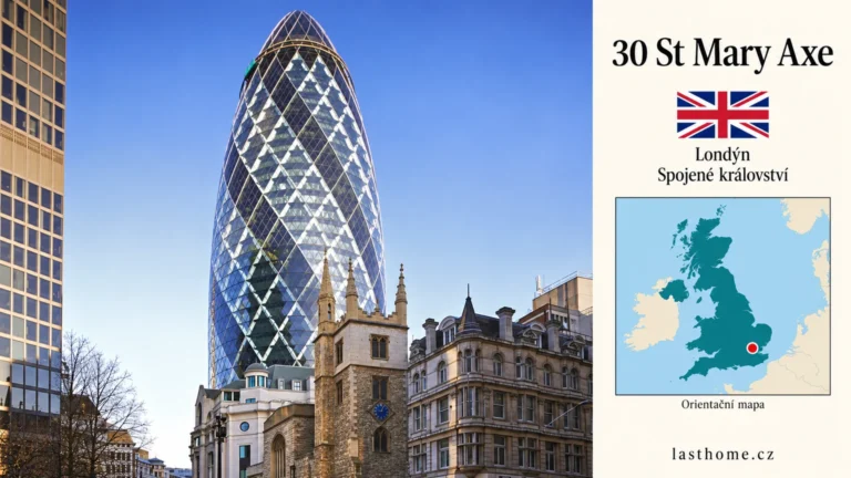 AI grafika podle fotografie: 30 St Mary Axe, Londýn, s vlajkou a orientační mapou.