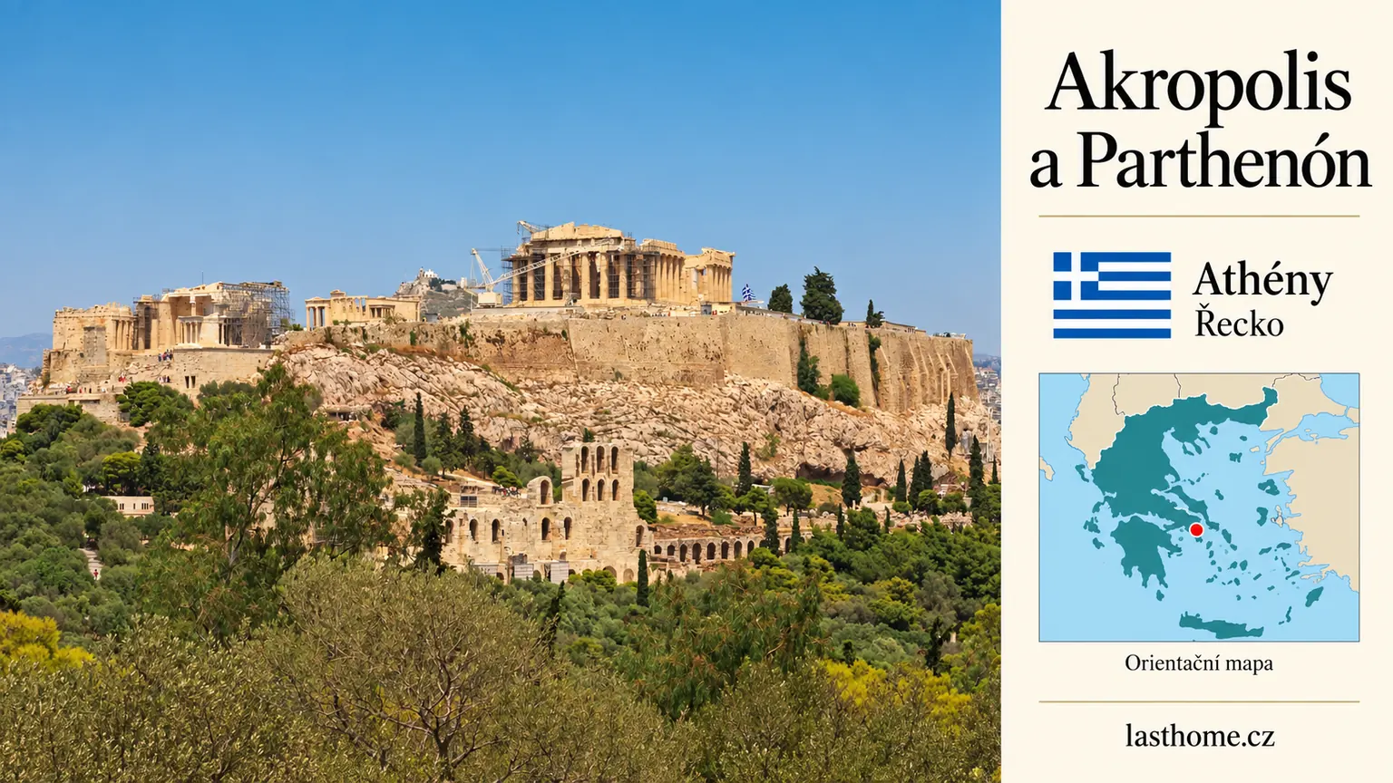 AI grafika podle fotografie: Akropolis a Parthenón, Athény, s vlajkou a orientační mapou.