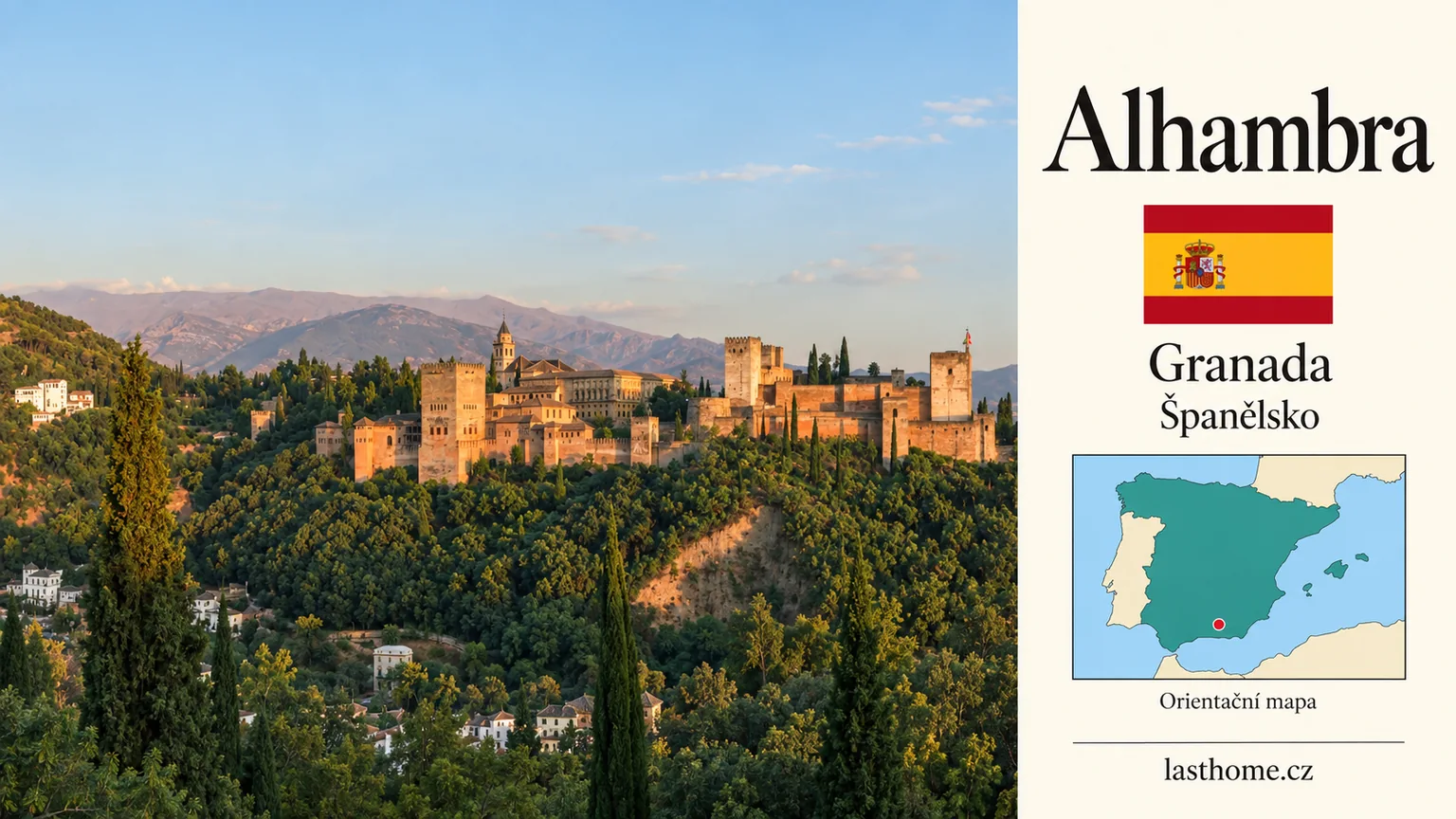 AI grafika podle fotografie: Alhambra, Granada, s vlajkou a orientační mapou.
