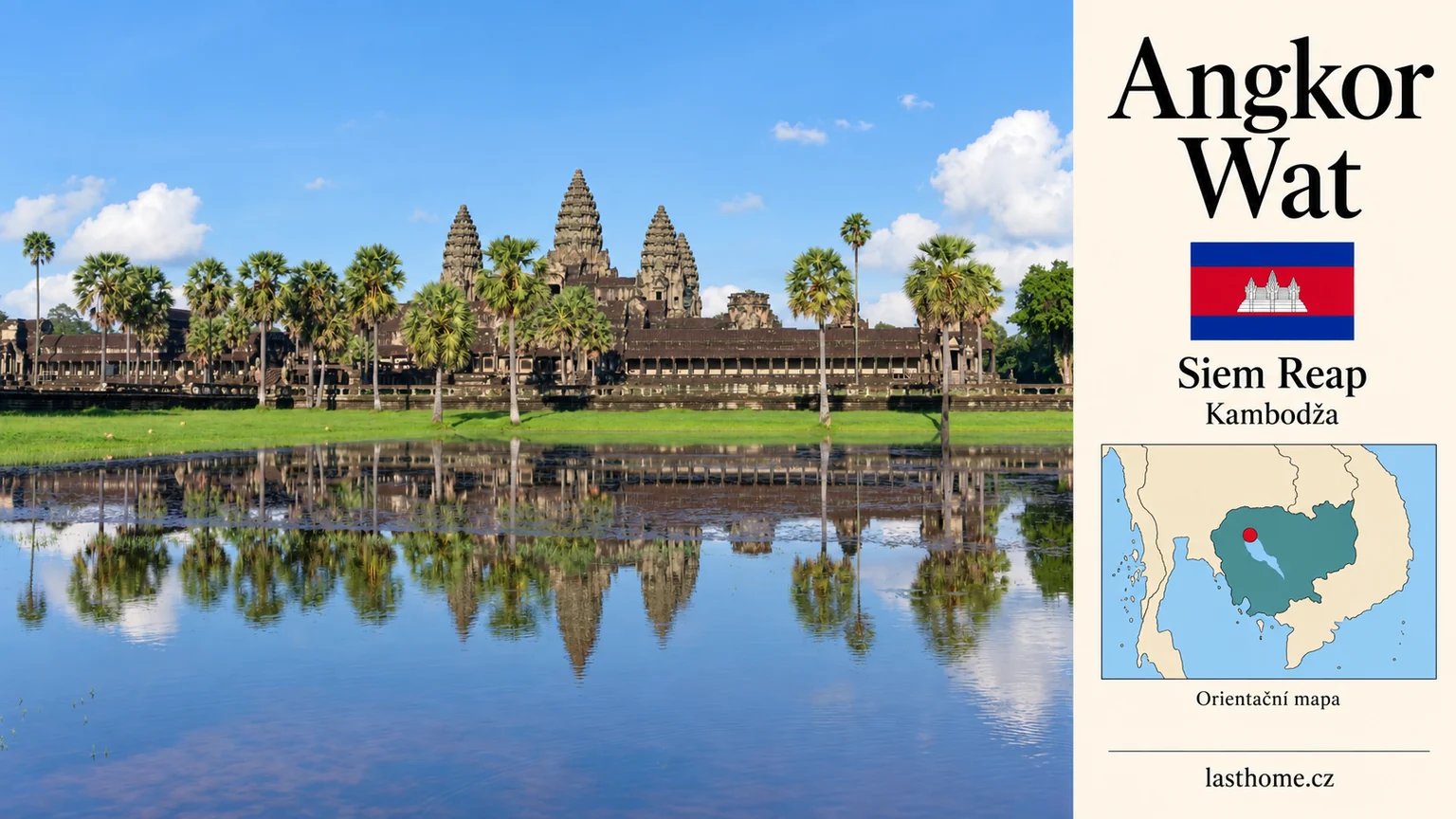 AI grafika podle fotografie: Angkor Wat, Siem Reap, s vlajkou a orientační mapou.