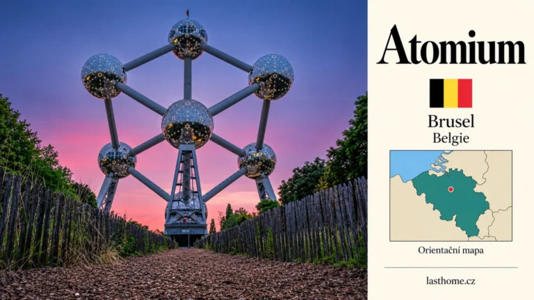 AI grafika podle fotografie: Atomium, Brusel, s vlajkou a orientační mapou.