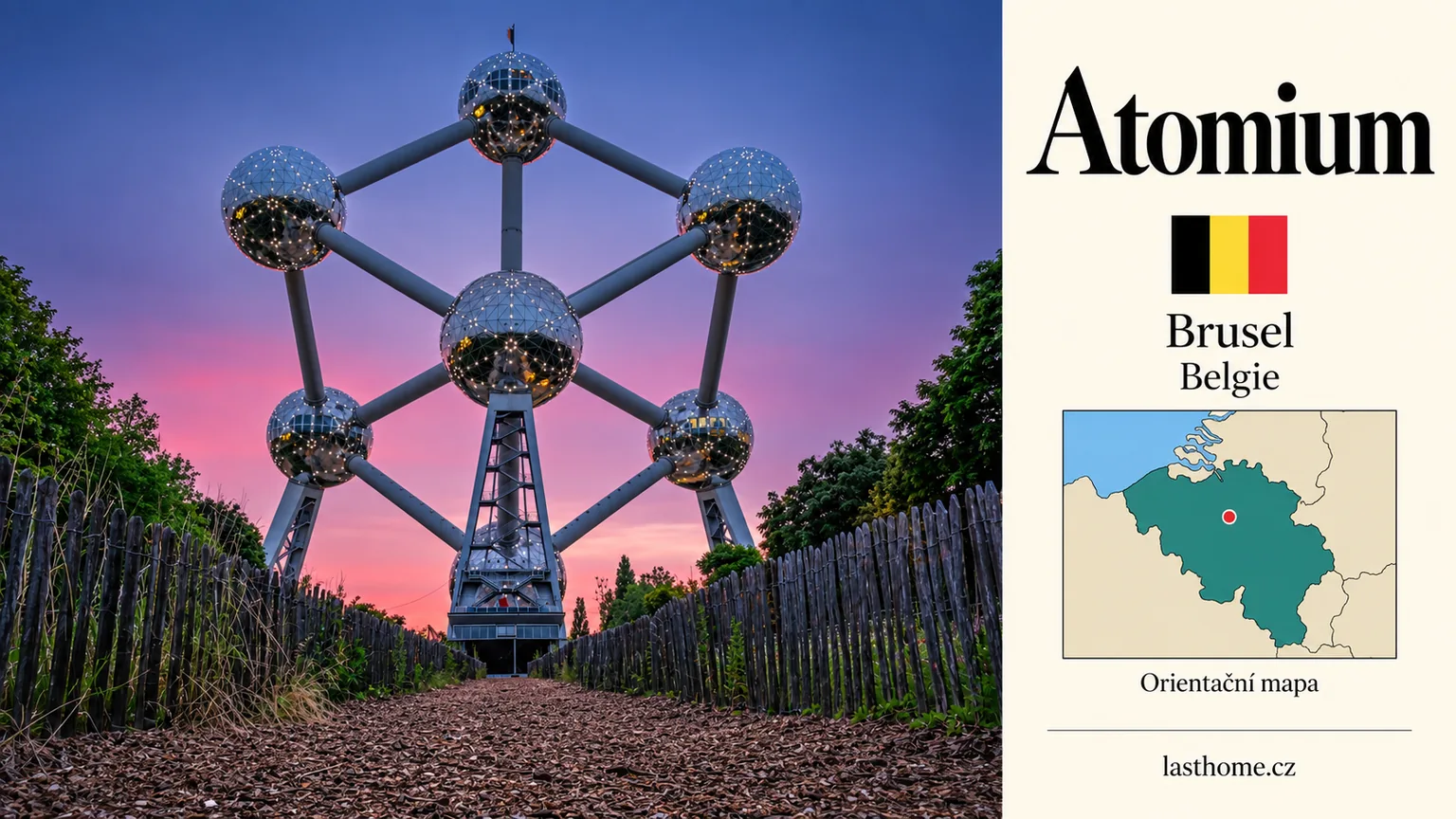 AI grafika podle fotografie: Atomium, Brusel, s vlajkou a orientační mapou.