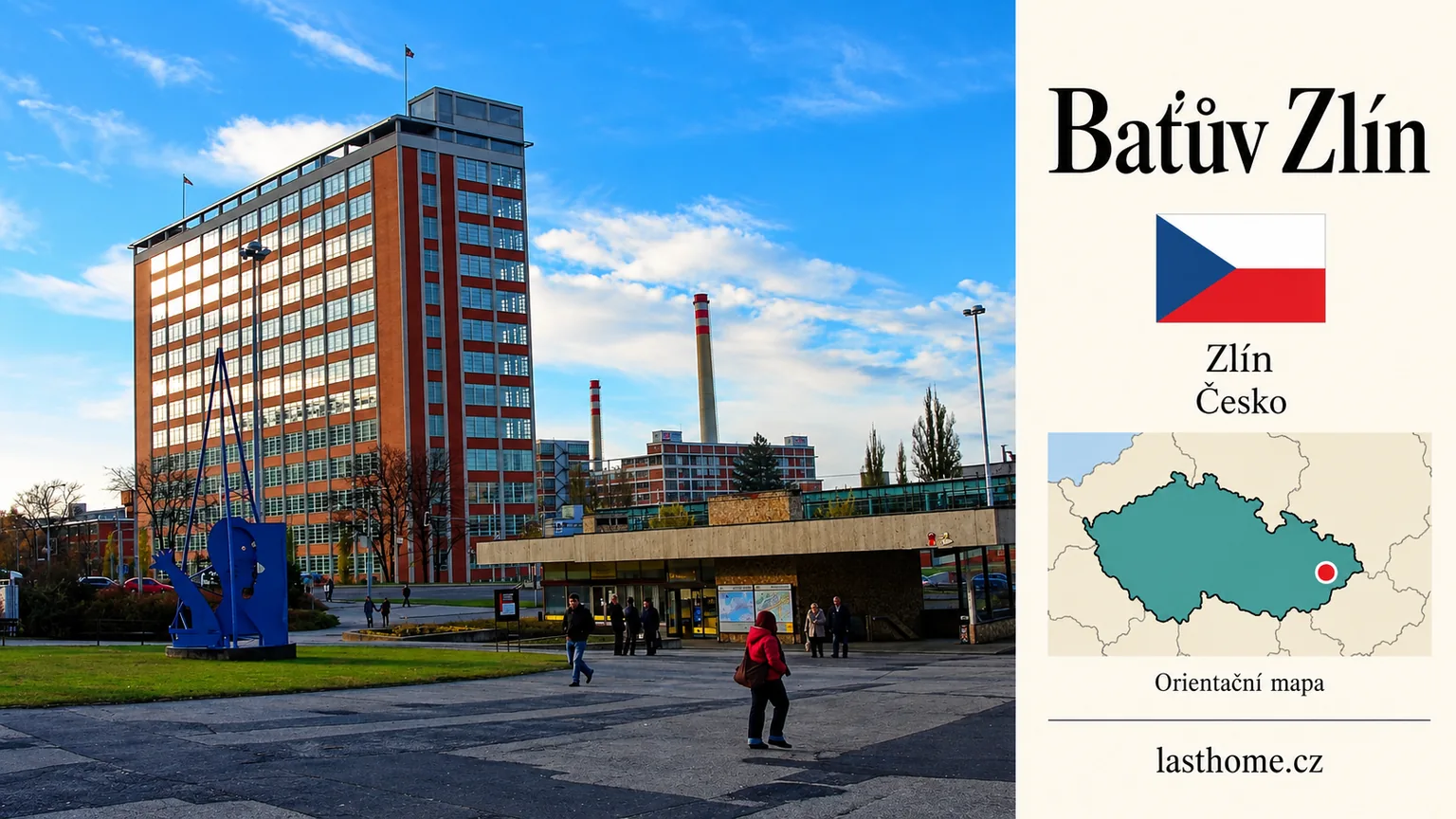 AI grafika podle fotografie: Baťův Zlín, Zlín, s vlajkou a orientační mapou.