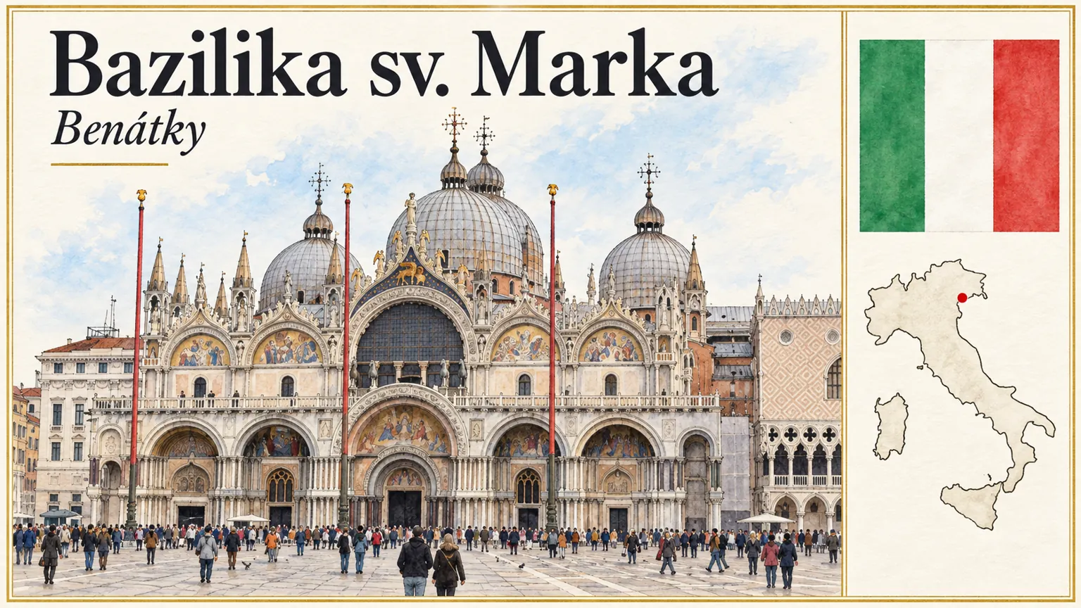 AI grafika podle fotografie: Bazilika svatého Marka v Benátkách, Benátky, vlajka a orientační mapa země Itálie