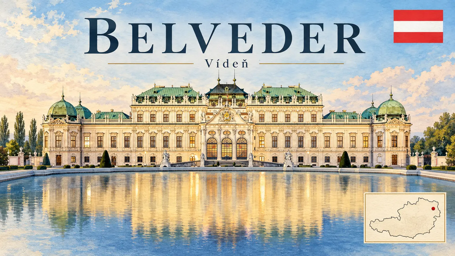 AI grafika podle fotografie: Belveder ve Vídni, Vídeň, vlajka a orientační mapa země Rakousko