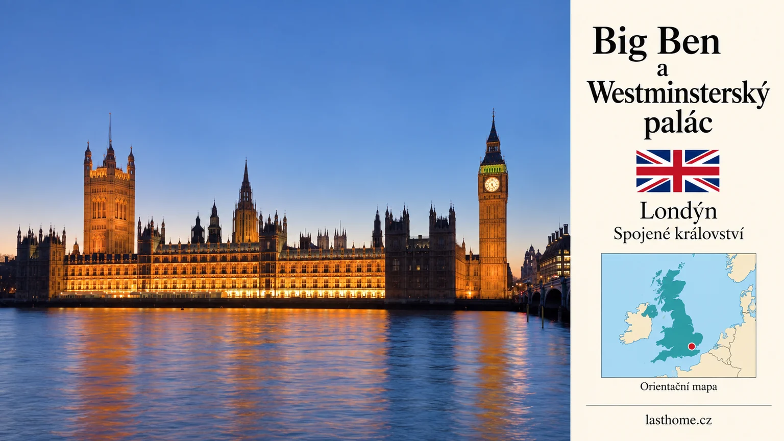 AI grafika podle fotografie: Big Ben a Westminsterský palác, Londýn, s vlajkou a orientační mapou.
