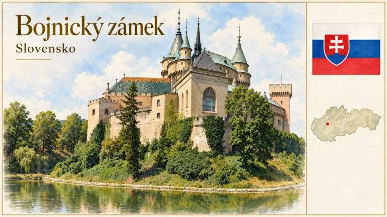 AI grafika podle fotografie: Bojnický zámek, Bojnice, vlajka a orientační mapa země Slovensko