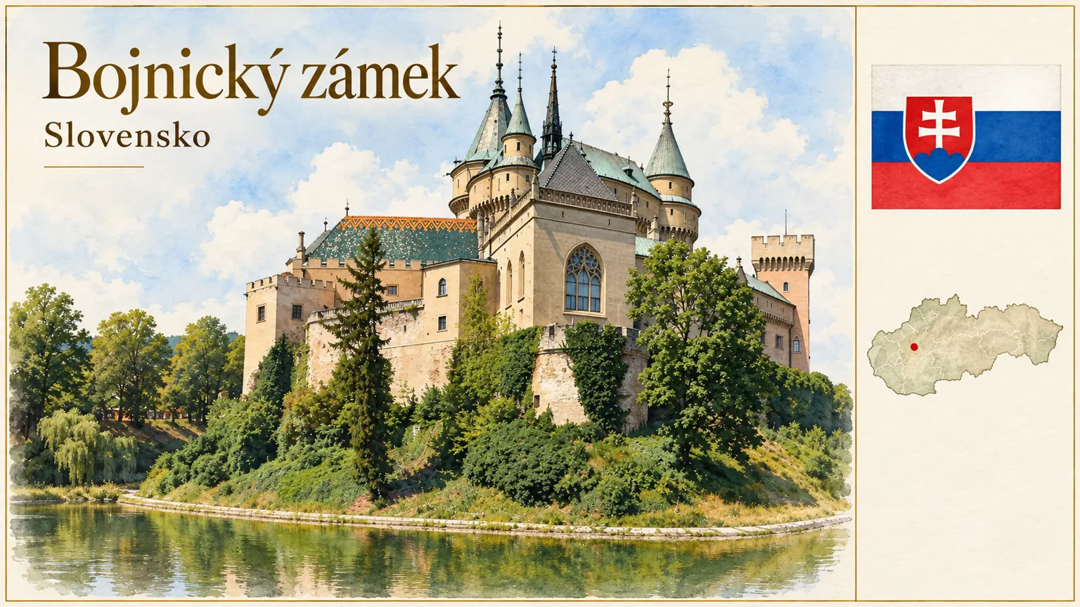 AI grafika podle fotografie: Bojnický zámek, Bojnice, vlajka a orientační mapa země Slovensko