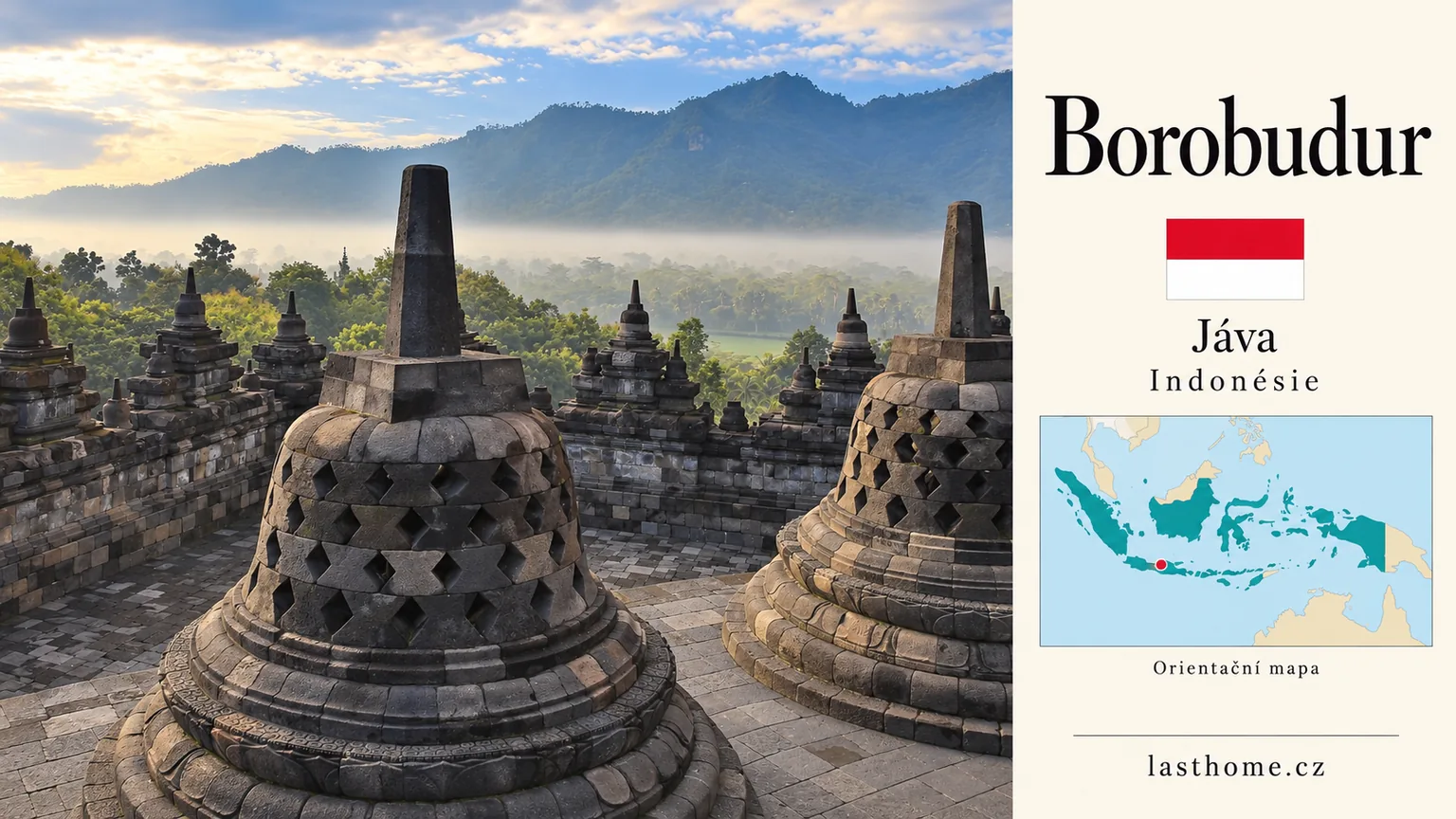 AI grafika podle fotografie: Borobudur, Jáva, s vlajkou a orientační mapou.