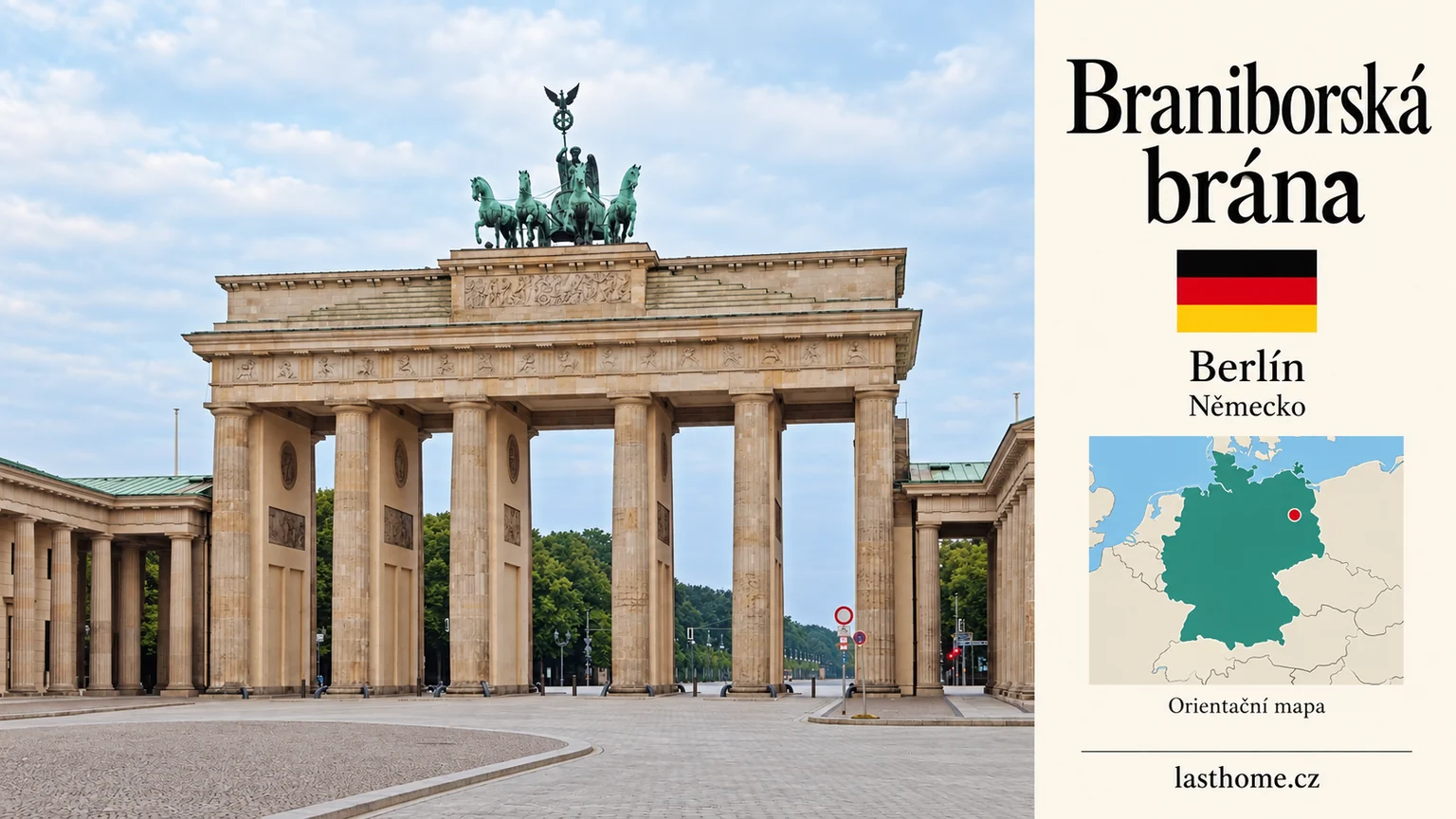 AI grafika podle fotografie: Braniborská brána, Berlín, s vlajkou a orientační mapou.