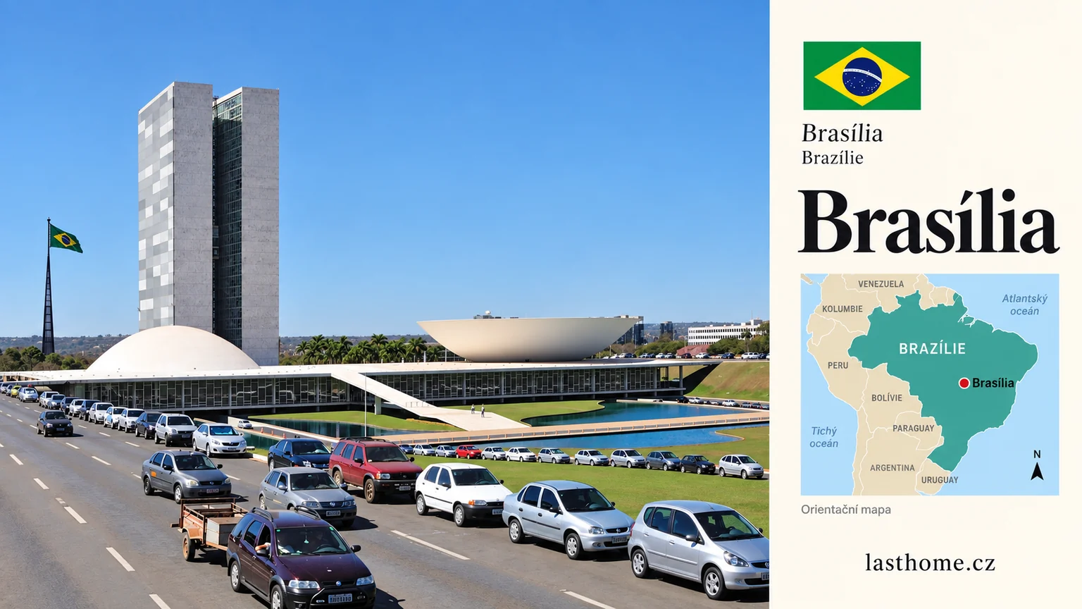 AI grafika podle fotografie: Brasília, Brasília, s vlajkou a orientační mapou.