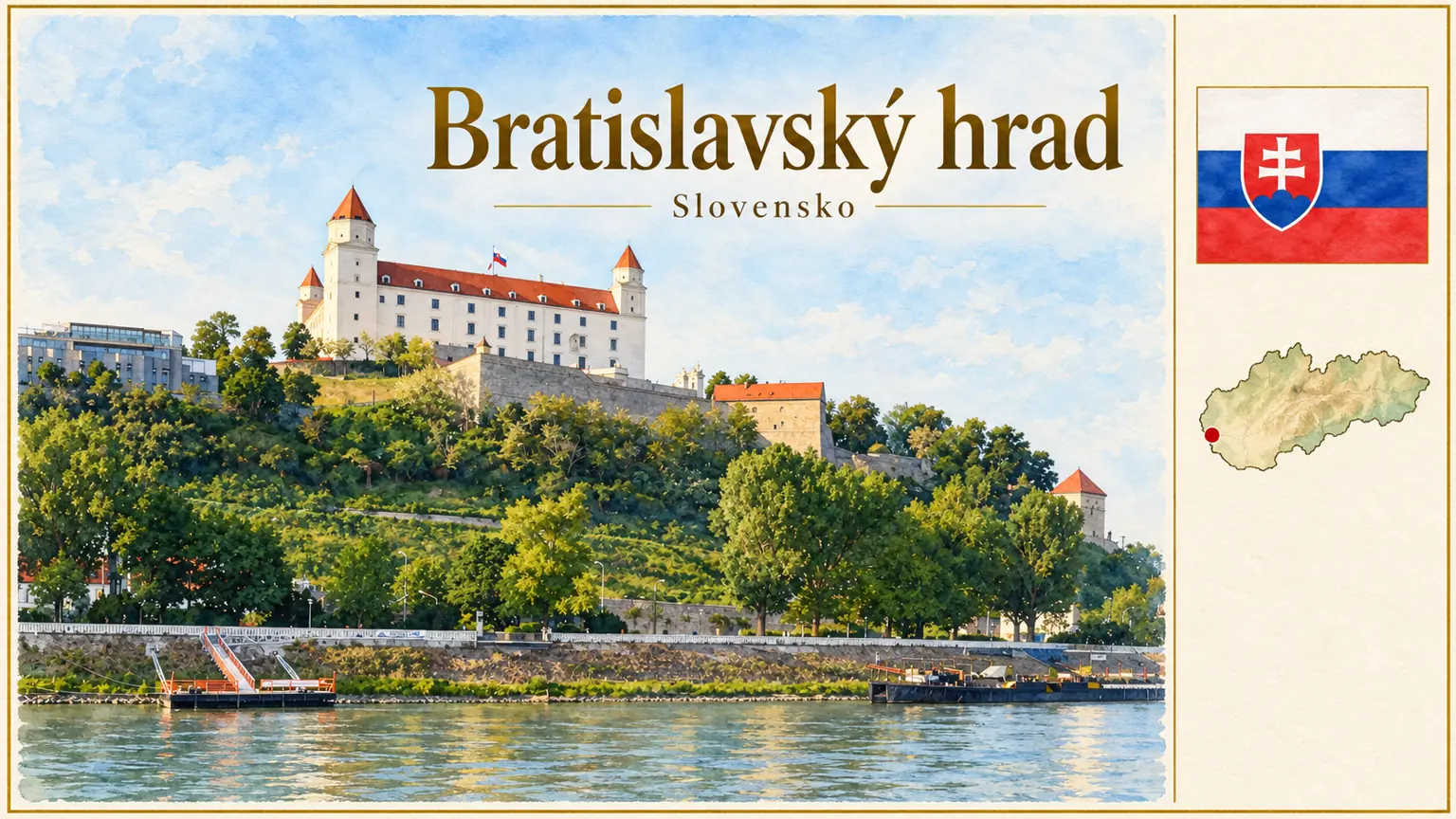 AI grafika podle fotografie: Bratislavský hrad, Bratislava, vlajka a orientační mapa země Slovensko