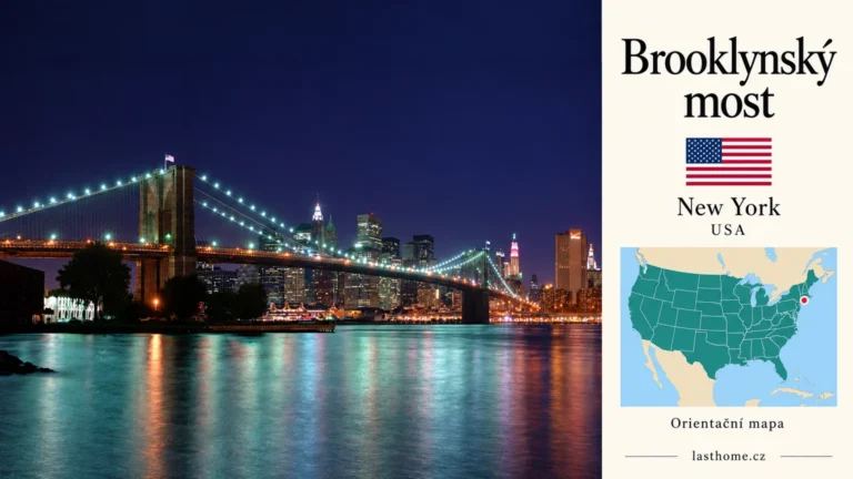 AI grafika podle fotografie: Brooklynský most, New York, s vlajkou a orientační mapou.