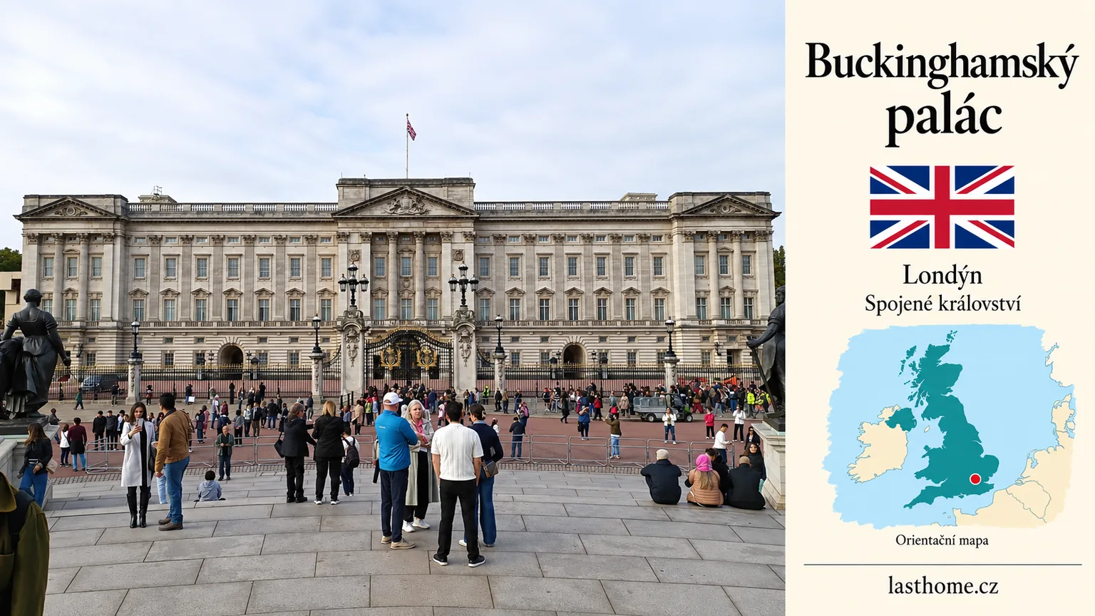 AI grafika podle fotografie: Buckinghamský palác, Londýn, s vlajkou a orientační mapou.
