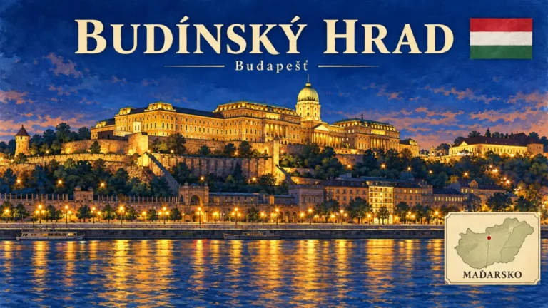 AI grafika podle fotografie: Budínský hrad, Budapešť, vlajka a orientační mapa země Maďarsko