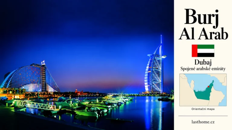 AI grafika podle fotografie: Burj Al Arab, Dubaj, s vlajkou a orientační mapou.