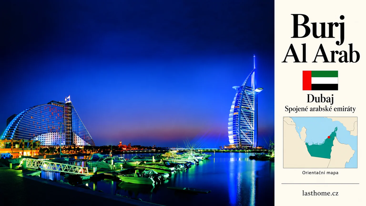 AI grafika podle fotografie: Burj Al Arab, Dubaj, s vlajkou a orientační mapou.