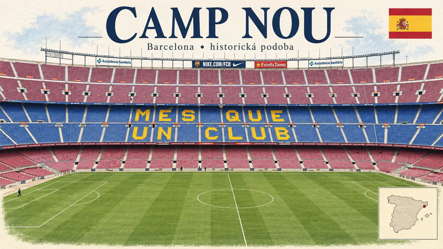 AI grafika podle historické fotografie z roku 2014: Camp Nou, Barcelona, vlajka a orientační mapa země Španělsko