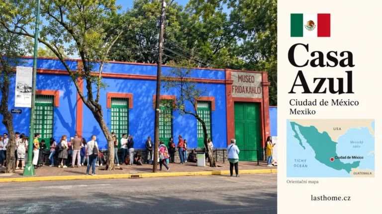 AI grafika podle fotografie: Casa Azul, Ciudad de México, s vlajkou a orientační mapou.