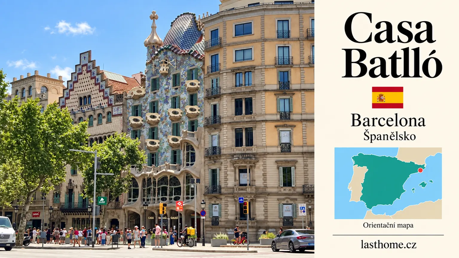 AI grafika podle fotografie: Casa Batlló, Barcelona, s vlajkou a orientační mapou.
