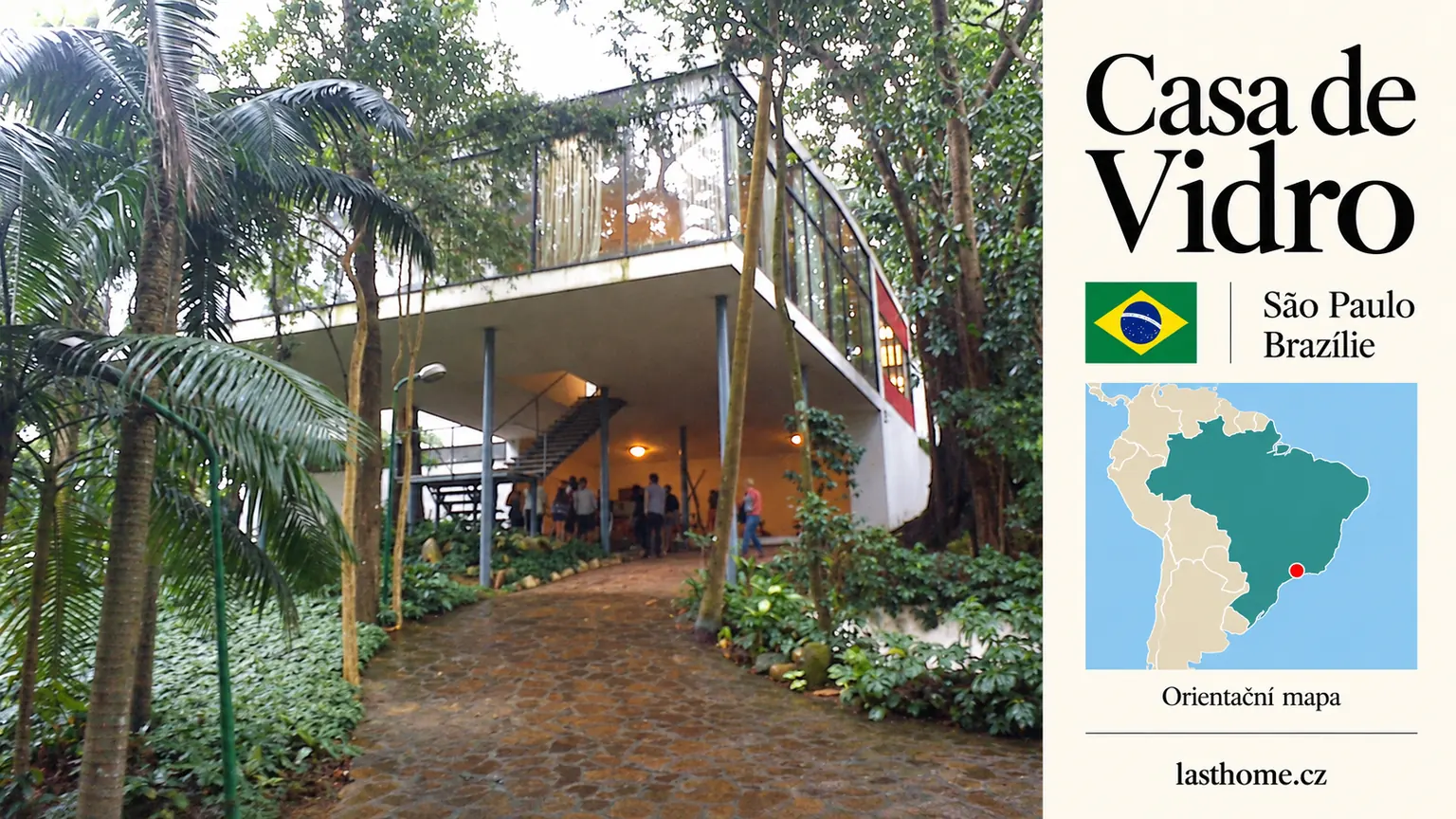 AI grafika podle fotografie: Casa de Vidro, São Paulo, s vlajkou a orientační mapou.