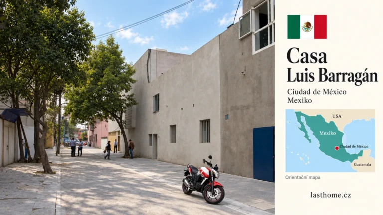 AI grafika podle fotografie: Casa Luis Barragán, Ciudad de México, s vlajkou a orientační mapou.