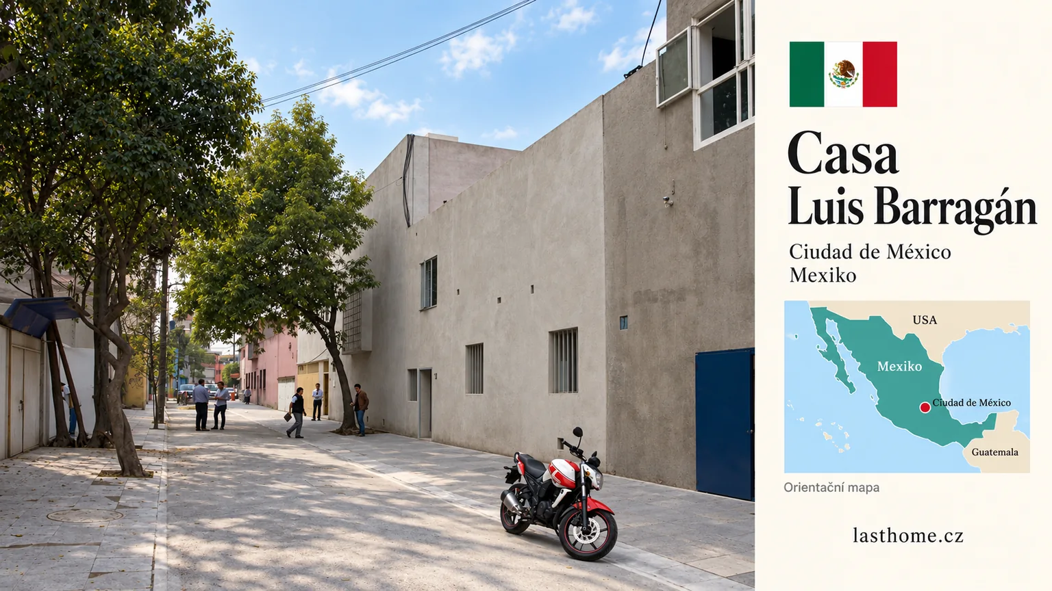 AI grafika podle fotografie: Casa Luis Barragán, Ciudad de México, s vlajkou a orientační mapou.
