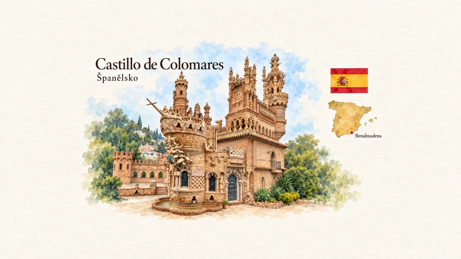AI grafika podle fotografie: Castillo de Colomares, Benalmádena, vlajka a orientační mapa země Španělsko