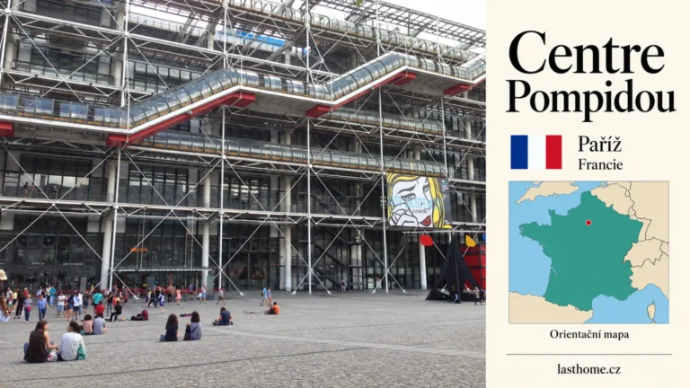 AI grafika podle fotografie: Centre Pompidou, Paříž, s vlajkou a orientační mapou.
