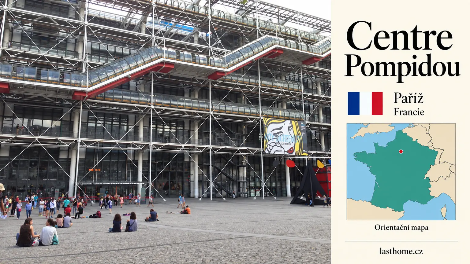 AI grafika podle fotografie: Centre Pompidou, Paříž, s vlajkou a orientační mapou.