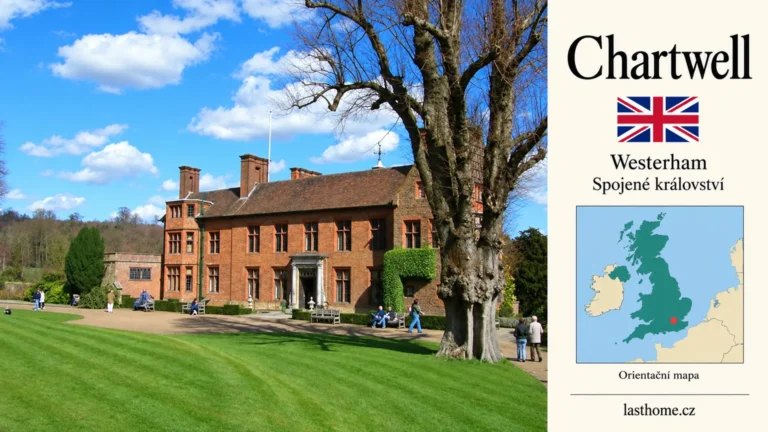 AI grafika podle fotografie: Chartwell, Westerham, s vlajkou a orientační mapou.