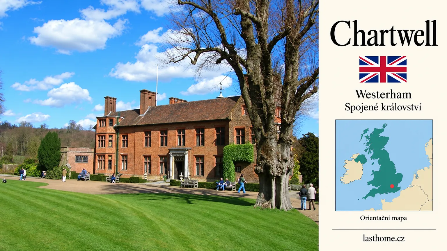 AI grafika podle fotografie: Chartwell, Westerham, s vlajkou a orientační mapou.