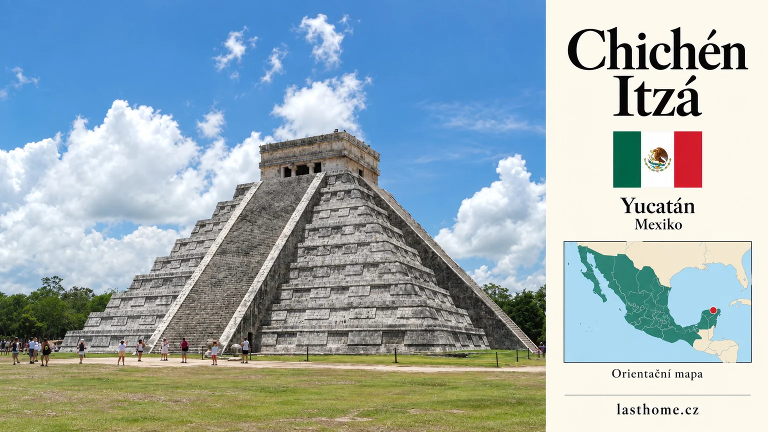 AI grafika podle fotografie: Chichén Itzá, Yucatán, s vlajkou a orientační mapou.