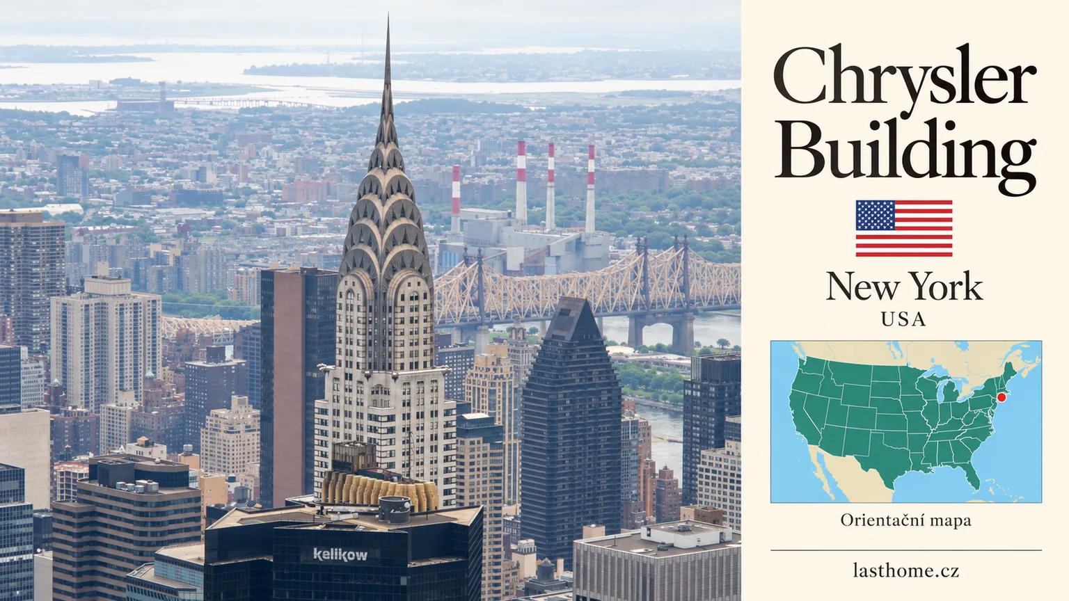 AI grafika podle fotografie: Chrysler Building, New York, s vlajkou a orientační mapou.