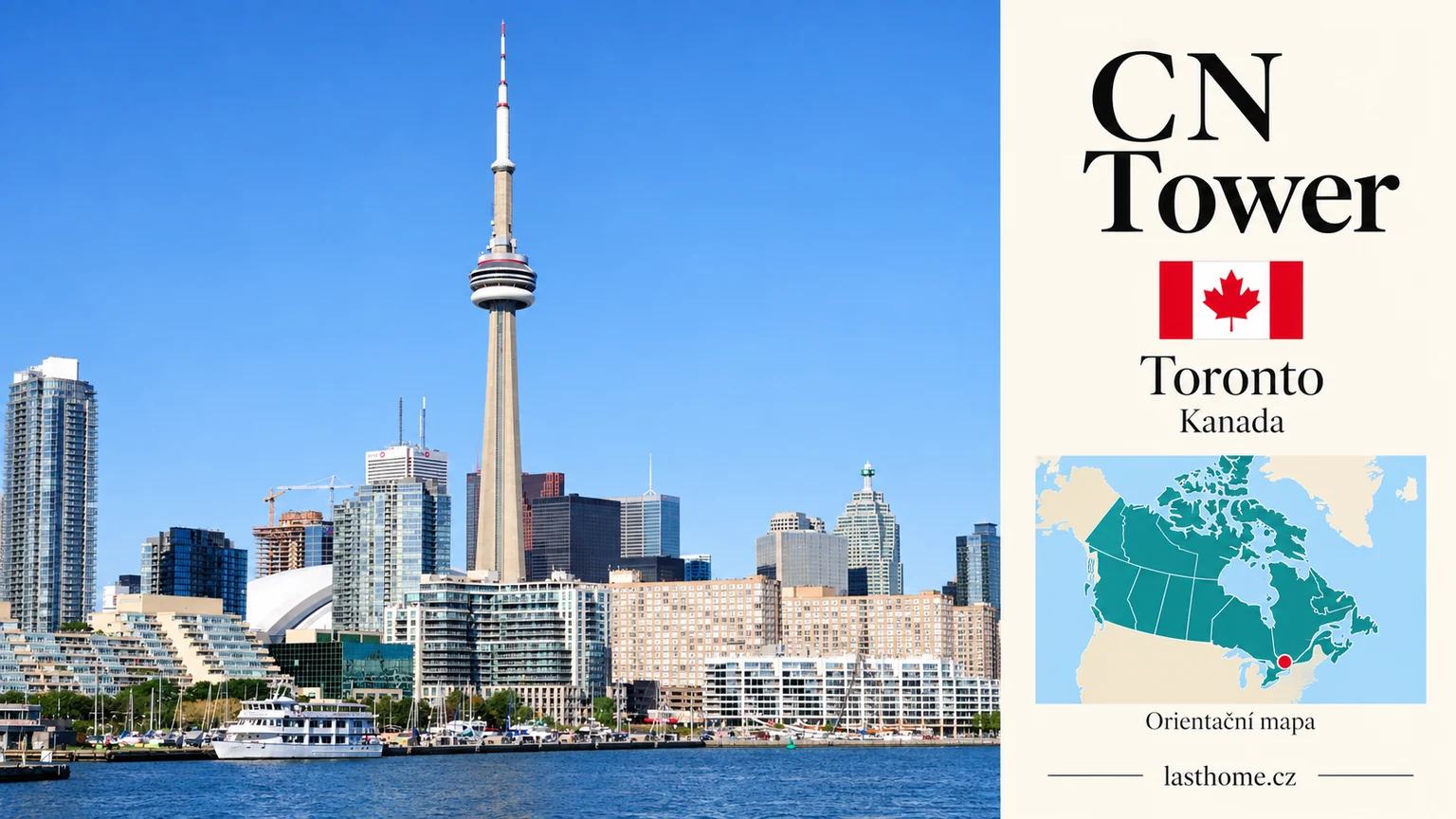 AI grafika podle fotografie: CN Tower, Toronto, s vlajkou a orientační mapou.