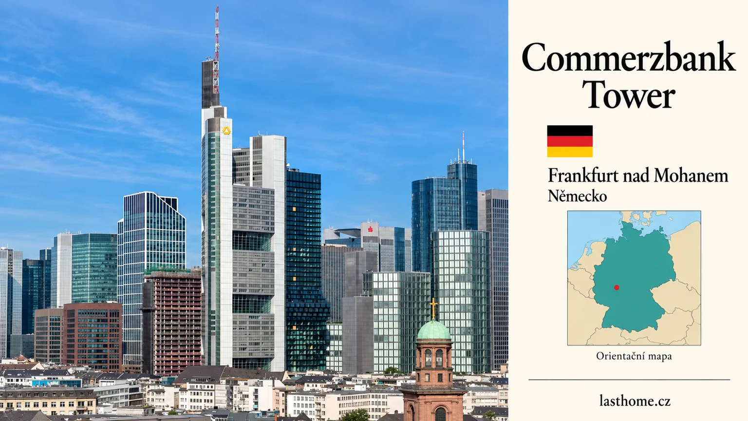 AI grafika podle fotografie: Commerzbank Tower, Frankfurt nad Mohanem, s vlajkou a orientační mapou.