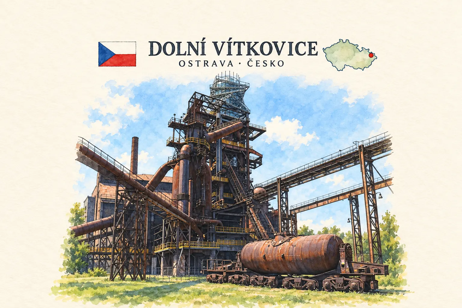 AI grafika podle fotografie: Dolní Vítkovice, Ostrava, vlajka a orientační mapa země Česko
