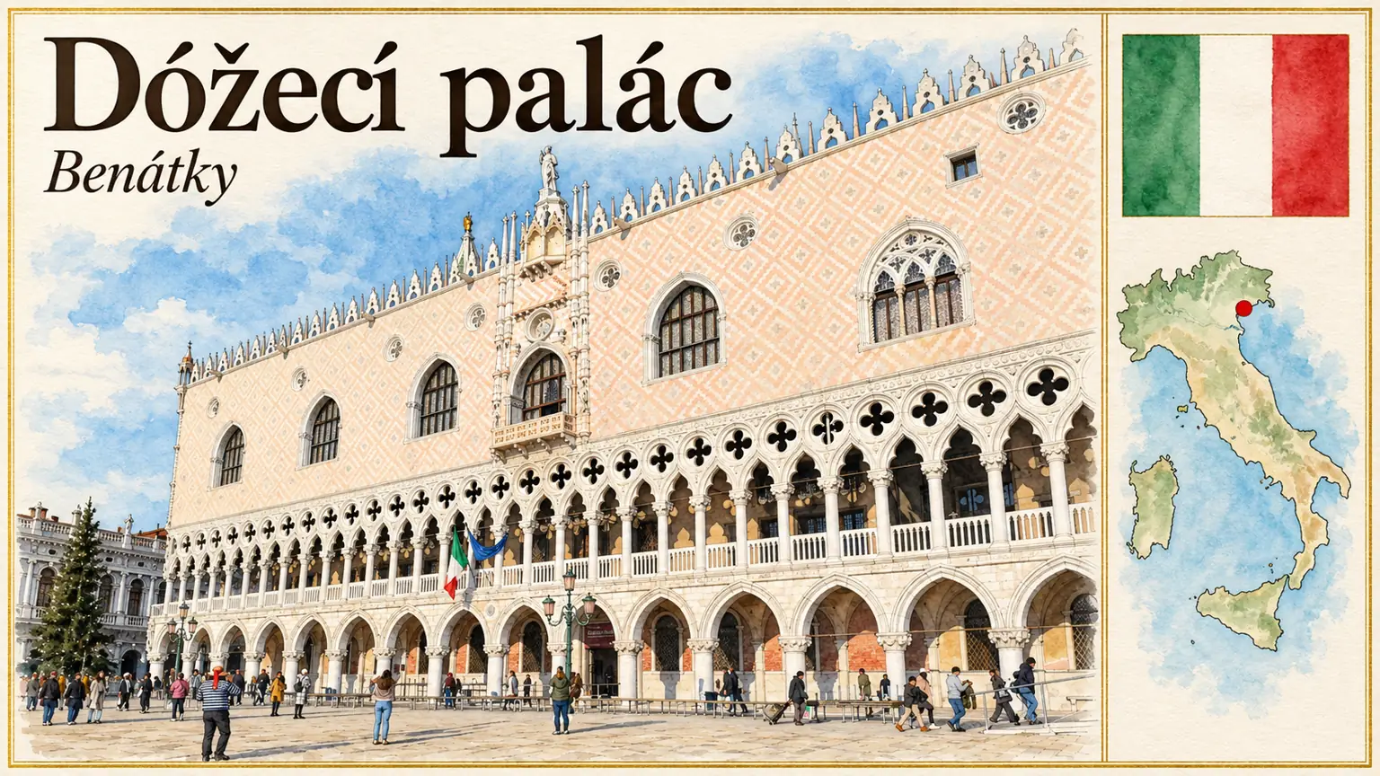 AI grafika podle fotografie: Dóžecí palác, Benátky, vlajka a orientační mapa země Itálie