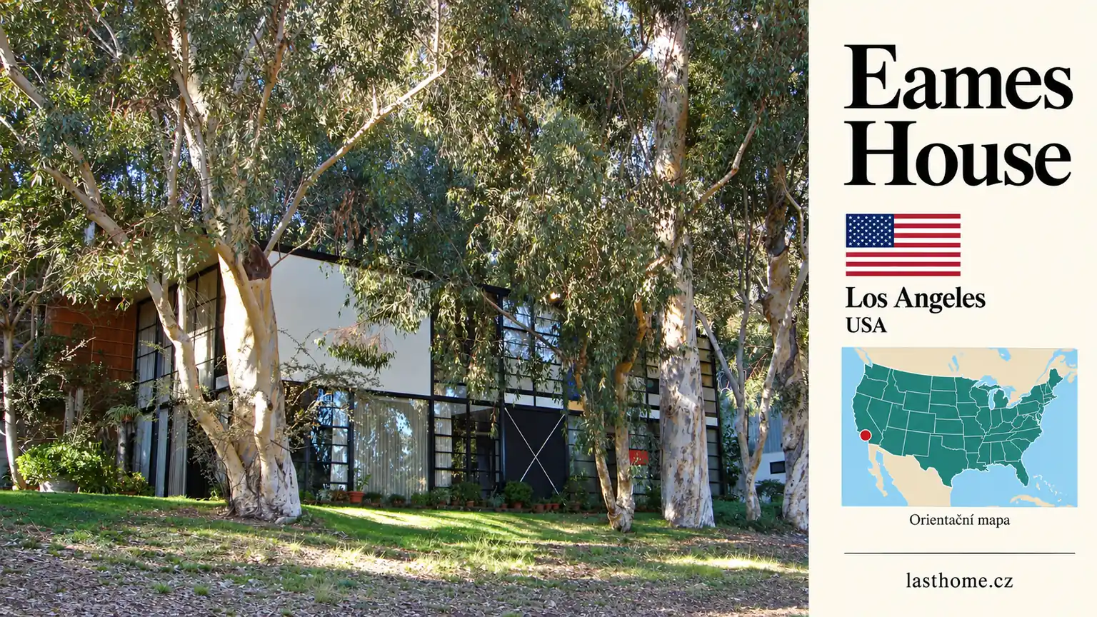 AI grafika podle fotografie: Eames House, Los Angeles, s vlajkou a orientační mapou.